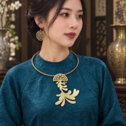 Kiềng Đồng Chữ Thọ Lá Cúc Cổ Thủ Công, Qùa tặng mẹ, Kiềng mặc áo dài